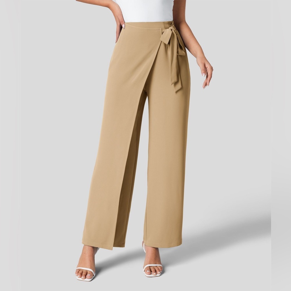 HALARA Beige Wrap-Front Wide Leg Pants